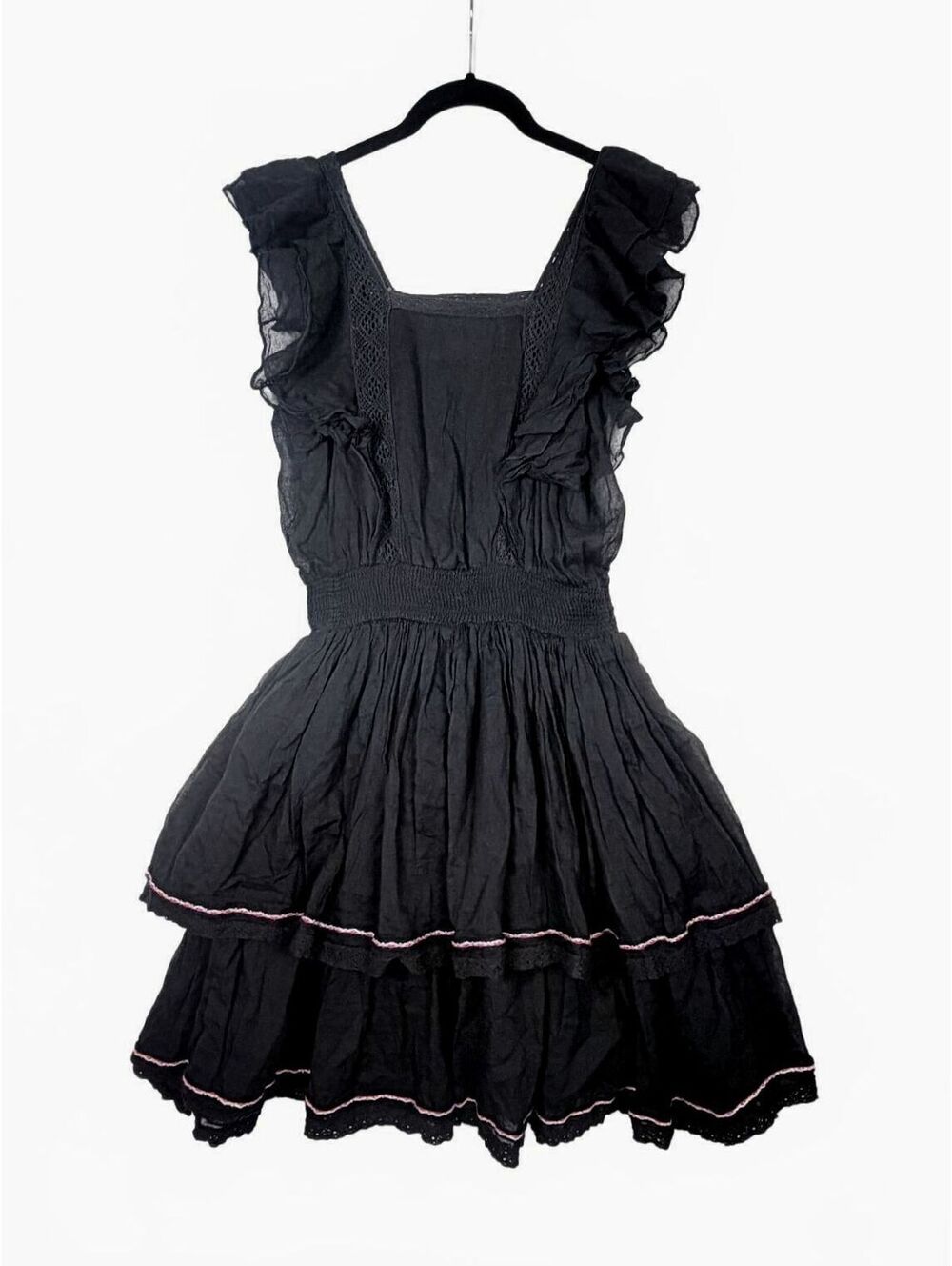 Pītusa Black Ruffle Tiered Mini Dress Bohemian Coverup Resortwear One Size